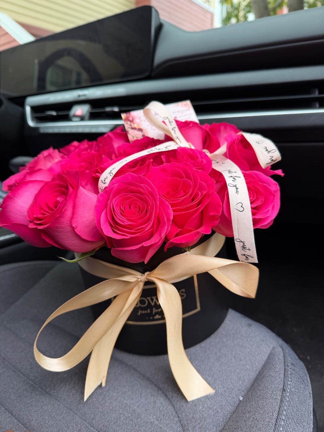 Hot pink rose box with gold ribbon