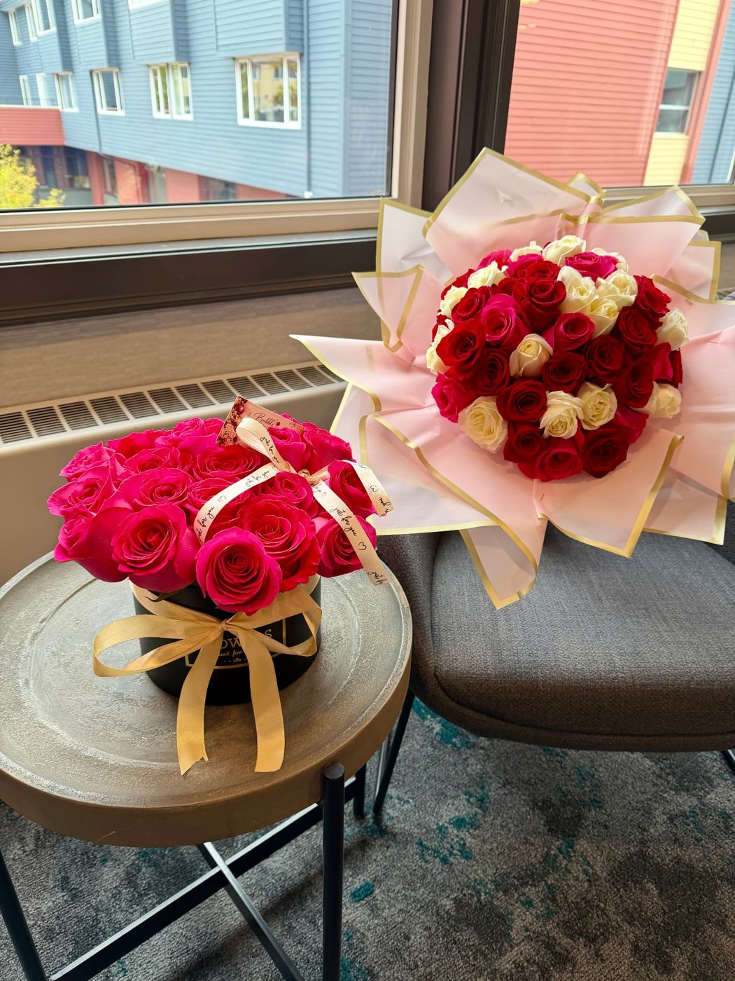Red rose box and red and white bouquet