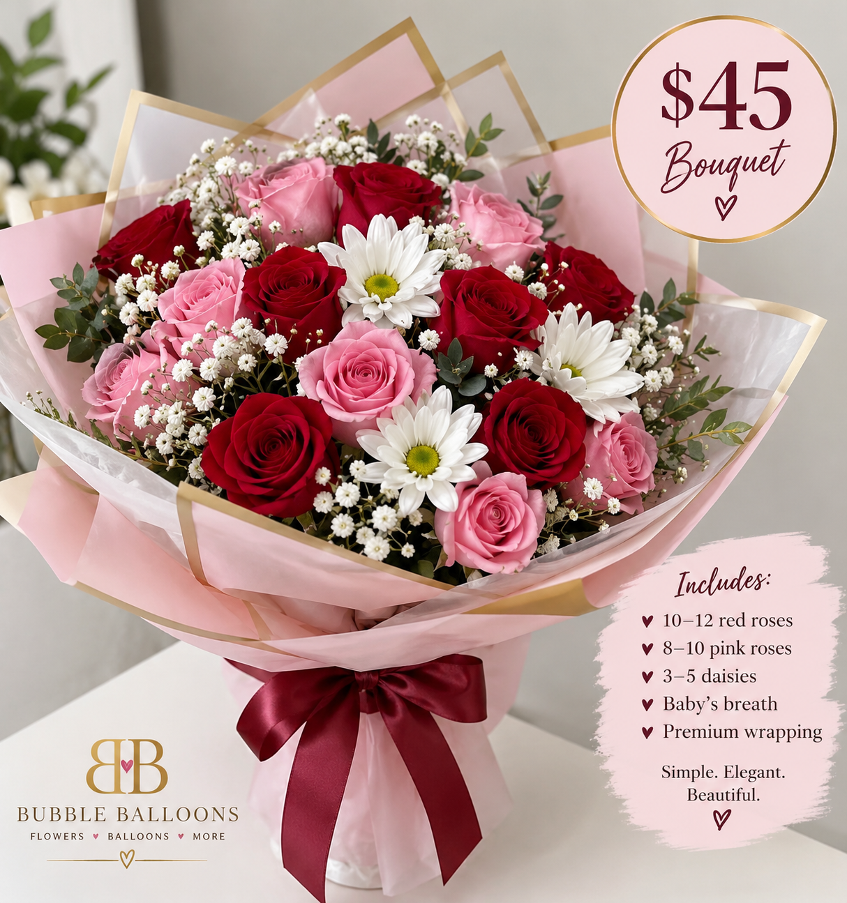 $45 mixed bouquet with red and pink roses, daisies and premium wrapping