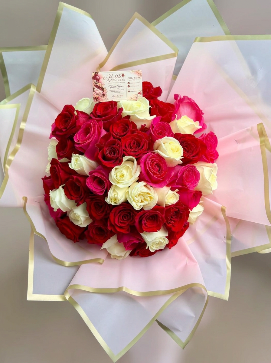 Red and white rose bouquet wrapped in pink and gold paper